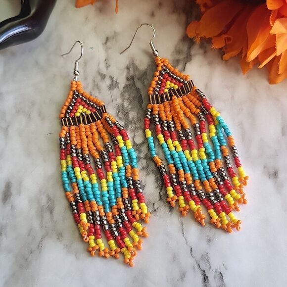 Native American-Style Beaded Tassel Fashion Earrings Orange - Picture 10 of 10